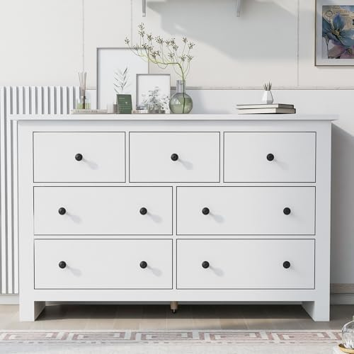 BTM White Sideboard, Cabinet with 7 Drawers, Sideboard Storage Cabinet for Living Room Chest of Drawers for Bedroom, 152 * 40 * 89cm