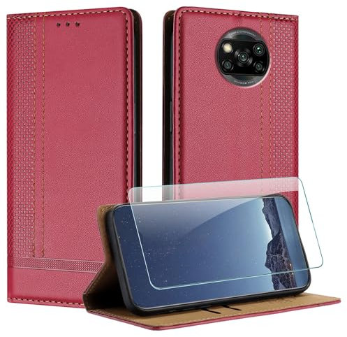 JayModCase Funda para Xiaomi mi Poco X3 Pro/Poco X3 con Protector Pantalla, Flip Leather Ranura Tarjeta Magnético Wallet Carcasa con Cierre magnético Soporte Plegable para Xiaomi Poco X3 NFC - Rojo