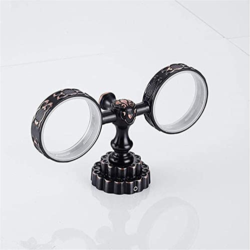 HPTHLY Bathroom Wall Hanging Duplicate Toothbrush Cup Holder Retro Carved Brass Toothbrush Holder with Dual Ceramic Mug Bathroom Accessories Black Oil Rubbed Bronze