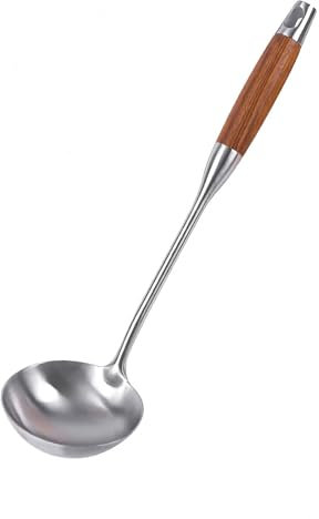 YENXIKU Mestolo da zuppa da 34,8 cm, in acciaio inox, con manico lungo in legno, perfetto per mescolare, servire zuppe e altro ancora, cucchiai da portata in metallo resistente