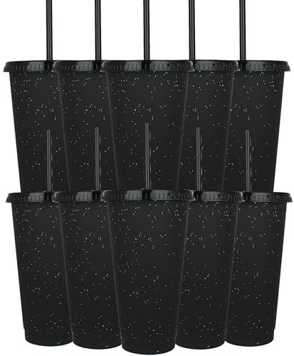 Yisituo 24 oz Reusable Plastic Cups, 10 Pack Black Cold Cups with Lid and Straw, Tumblers Travel Mugs for Adults and Kids Party and Beach, Pool Gatherings (10, Black)