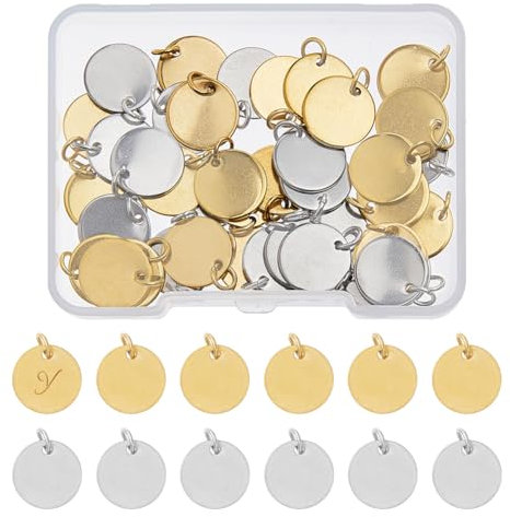 SUPERFINDINGS 48 STK Gold Und Silber Rohlinge Anhänger 304 Edelstahl Stempel Anhänger 12mm Stanzrohlinge Flache Runde Rohlinge Für Stanzanhänger Mit Biegering Für Schlüsselanhänger, Bohrung:3.5mm