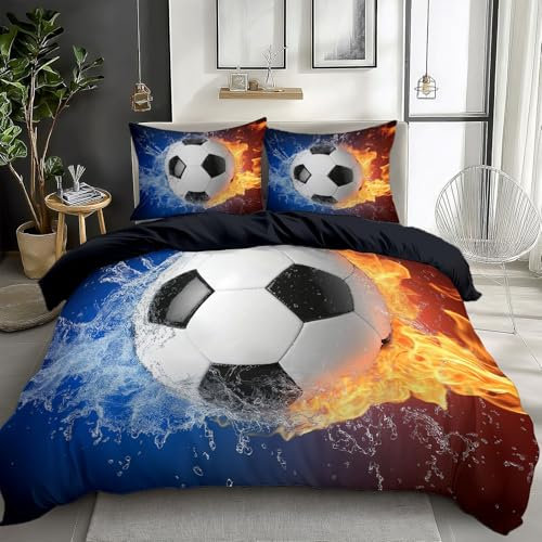 Quixora Bettwäsche Fußball Wasser Und Feuer Muster 155 x 220 cm Wendebettwäsche aus Mikrofaser für Mädchen und Damen, Schwarz, Mit 80x80 cm Kissenbezug und Reißverschluss