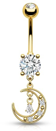 Agrewd Dangly Moon Bauchnabelpiercing - Gold Chirurgenstahl 14g Bauchnabelpiercing Kugeln Bananabells Bauchnabelpiercing Schmuck, Zirkonia