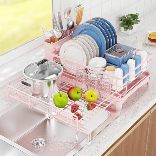 COHOSEGE Large Dish Drying Rack,Extendable Dish Rack with Cutlery Holder,Anti-Rust Pink Dish Racks for Kitchen Counter,Dish Drainers for Kitchen Sink,Over The Sink Drying Rack Kitchen
