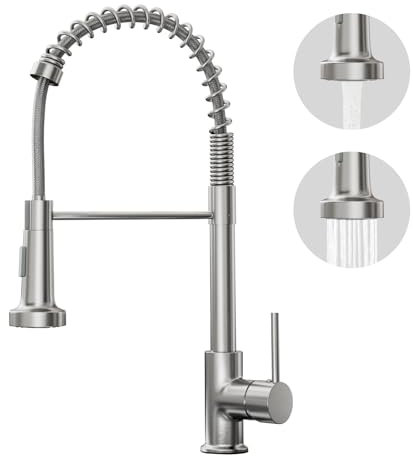 BESy Brushed Nickel Kitchen Sink Tap, 2 Function Kitchen Sink Mixer Taps with Pull Out Spray, Brass High-Arc 360° Swivel Single Handle Spring Rv Taps