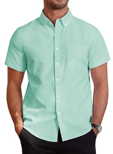 J.VER Mens Short Sleeve Shirts Smart Casual Cotton Oxford Regular Fit Non Iron Work Button Down Summer Shirt Green XL