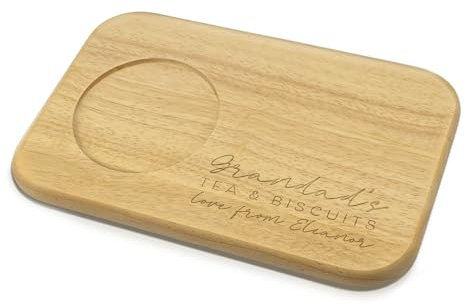 Personalised Tea and Biscuit Serving Board Wooden Coaster With Custom Engraved Message & Mug Rest For Grandads, Grandmas, Mums & Dads