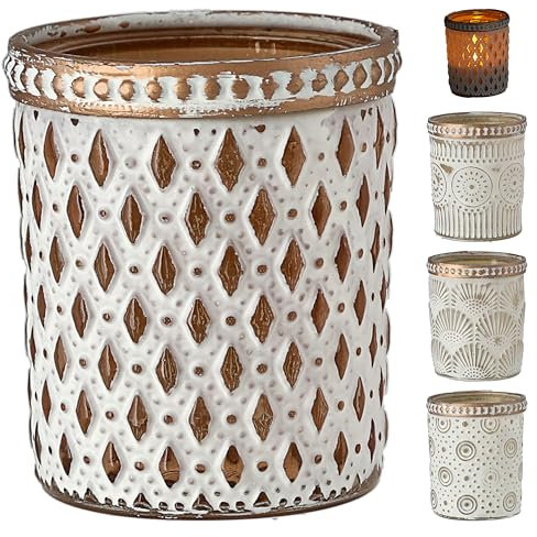 Windlicht 4er Set Oriental | Glas Ø6x7cm weiß Gold | Teelichthalter 4 verschiedenen Mustern für Teelichter oder Kerzen