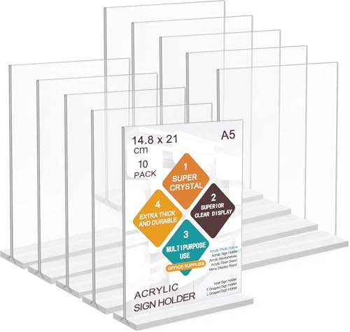 A5 Acrylic Sign Holder, 10 Pack T-Shape Display Stand Clear Menu Holders | ROSSHINE Double-Side Display Poster Holders for Office Shop Restaurant School Reception Desk