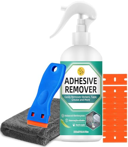 Spray quitapegamento 120 ml, potente removedor de pegamento y disuelva silicona con raspador y paño, adhesivo quita silicona elimina etiquetas, cinta, adhesivos de vidrio, plástico, coche (300)