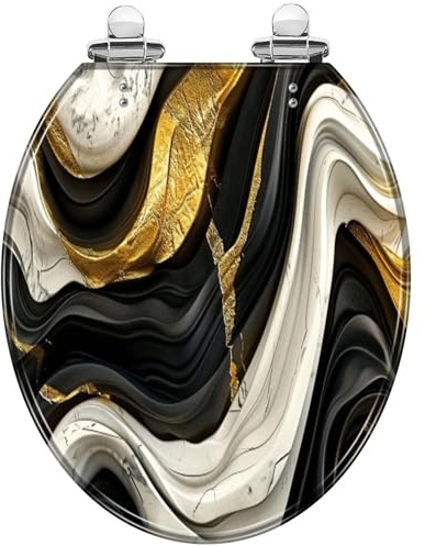 Quick Release Round Quiet Close Luxury Toilet Seat, Marble Textured Gold Black Abstract 4k 3D Resin Decorative with Quick Release Hinges & Cover, Easy Install