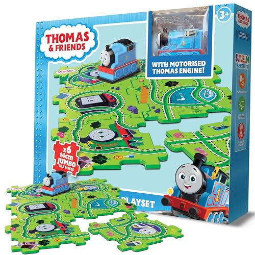 Thomas the Tank Engine Train Set with 6 Tiles & Motorised Vehicle - 6pc | 50 Track Combinations, STEM Sensory Toy, 3 Year Olds +, Boys Toys, Official Licenced Puzzle Playset by Bladez Toyz