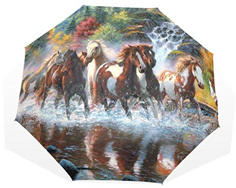 ISAOA Automatischer Reise-Regenschirm,kompakt,faltbar,Running Horse Art Malerei,Winddicht Stockschirm,Ultraleicht,UV-Schutz,Regenschirm für Damen,Herren und Kinder