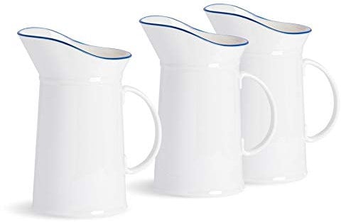 Nicola Spring Farmhouse Water Jug - 3 Pack 1L White Porcelain Rustic Pitcher with Blue Rim - Country Cottage Style Milk Jug, Juice Pitcher, Flower Vase - Vintage Decorative Tableware - Dishwasher Safe