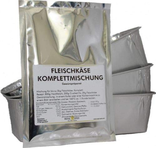 Royal Spice Leberkäse Komplett Set - Fleischkäse Gewürzmischung 87g inkl. Kutterhilfsmittel mit Umrötung & Nitrit Pökelsalz & Alu-Schalen - Für bis zu 3 Kg Gesamtmasse - Bayrischer Leberkäse