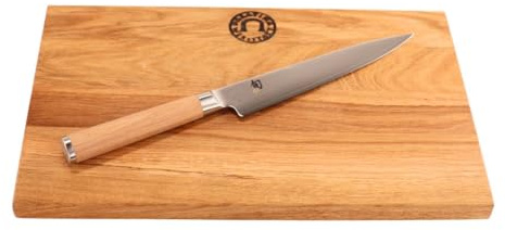 KAI Shun Classic White Set – Allzweckmesser DM-0701W 15 cm, Damastmesser VG10, japanisches Messer ultrascharf, rostfrei, Pakkaholz-Griff + Schneidebrett Eiche 30×20 cm für präzises Schneiden