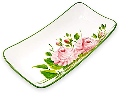 Lashuma Flache Dessertschüssel 33x17 cm, Italienischer Keramikteller, Rechteckige Obstplatte Handgefertigt Muster: Rose