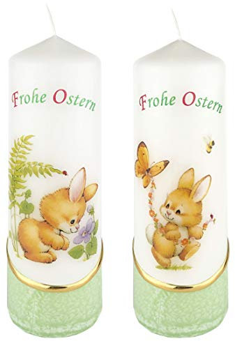 Meissner-Handel Auswahl * 2 Stück Osterkerze Stumpenkerze Osterdeko * 6 x 18 cm * mit farbigen Wachs- und Bildauflagen * Auswahl Motiv + Farbe * grün * (Serie 1 - Set 02/03)