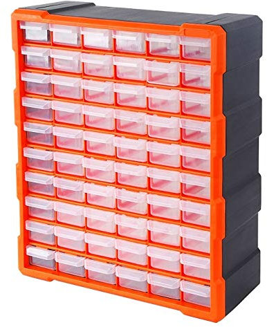 Bond Hardware 60 Drawer Organiser for DIY Tool Bits Plastic Storage Units - Workshop Screws and Small Parts Cabinet or Office Stationary Craft Box Black/Orange