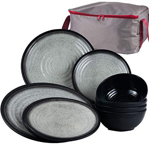 Camping Geschirr Set aus Melamin Grau 13 Teile mit Aufbewahrungstasche - 4 Personen Essgeschirr Campinggeschirr Picknick für Camping Teller Schüssel Schale Tafelgeschirr mit Reißverschluß Tasche