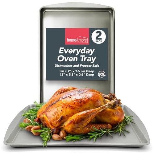 SOL 2pk Everyday Oven Tray – 38x25cm Non-Stick Stainless Steel Roasting and Baking Trays – Heavy-Duty Cookware for Everyday Meals – Dishwasher Safe – Oven and Freezer Friendly