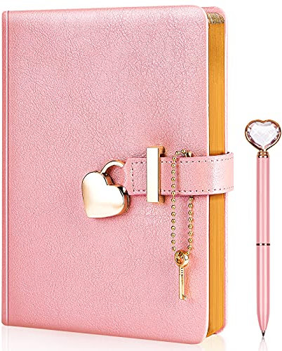 Herzförmiges Tagebuch mit Schlüssel und Herz Diamantstift, PU-Leder, persönlicher Organizer, Planer, Tagebuch, Notizbuch, Geschenk für Frauen und Mädchen