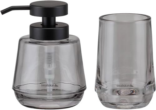 Sealskin Mood Badaccessoire-Set, bestehend aus Seifenspender 380 ml + Zahnputzbecher, Glas, Farbe: Grau