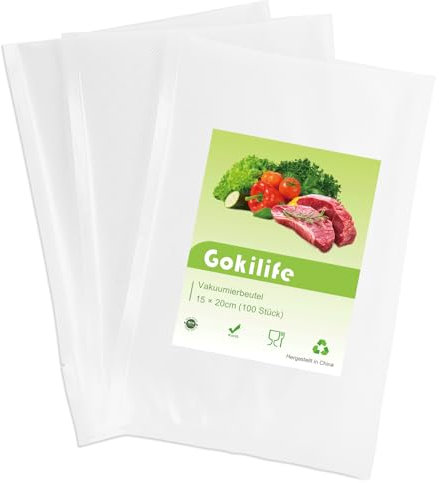 Gokilife Vakuumierbeutel - 100 Beutel 15x20cm Reißfest ca. 450µm, Vakuumierfolie für alle Vakuumierer & Lebensmittel Vakuumiergerät, Profi Folienbeutel BPA-frei, Kochfest und Sous Vide Gefrierbeutel