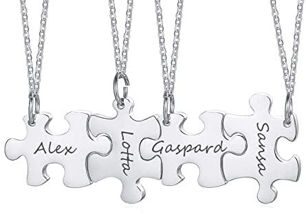 Personalised Best Friend Necklace - Customised Stainless Steel Puzzle Name BFF Necklace for 4, Silver Jigsaw Matching Necklaces for Women Girls, Friendship Necklace Gifts for Birthday Christmas