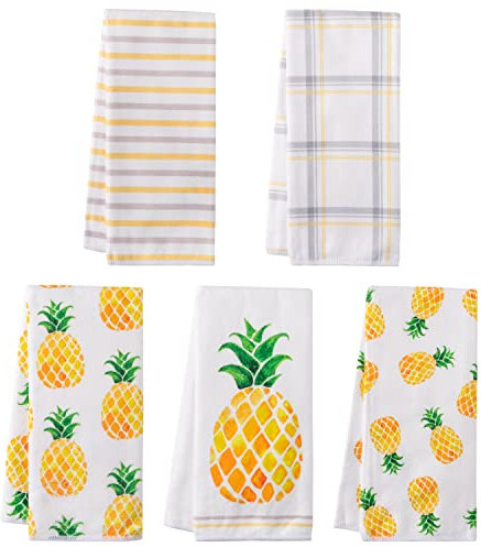 R HORSE 5-teiliges Geschirrtuch-Set mit Ananas-Motiv, saugfähiges Trockentuch, Geschirrtücher, wiederverwendbare Handtücher, Fingerspitzenstange, Urlaub, Frühling, Sommer, Küche, Heimbedarf