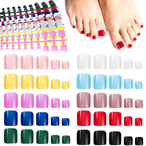 MELLIEX 240 Pièces 12 Sets Faux Ongles d'Orteils Conseils 10 Couleurs Couverture Complète Acrylique Français Faux Ongles Pied Ongles Français Manucure pour Femmes Filles Décorations D'ongles DIY