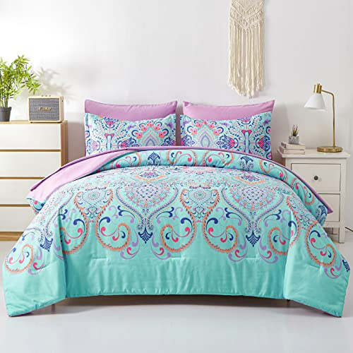 DHSFKBE Queen-Bettwäsche-Set, 7-teiliges Bett in Einer Tasche, Boho Aqua und Flieder Damast-Medaillon-Druck, Tröster mit Laken, weiche Mikrofaser, komplettes Bettwäsche-Set für alle Jahreszeiten