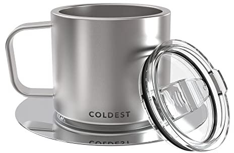 Stackable Insulated Espresso Cup with Saucer by Coldest - Insulated Triple Wall Travel Stainless Steel Travel Double Shot Espresso Coffee Mug with Sliding Lid (4 oz, Polished Stainless Steel)