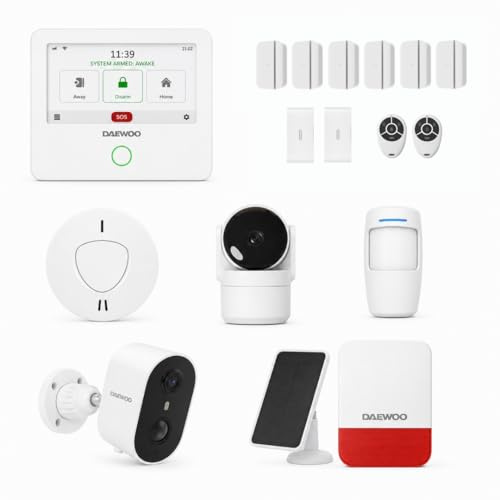 Daewoo AM312 Alarmpaket, Touchscreen-Zentrale, tierfreundlicher Bewegungsmelder, Türkontaktschalter, Vibration, Solarsirene, Kameras, Rauchmelder, Fernsteuerung