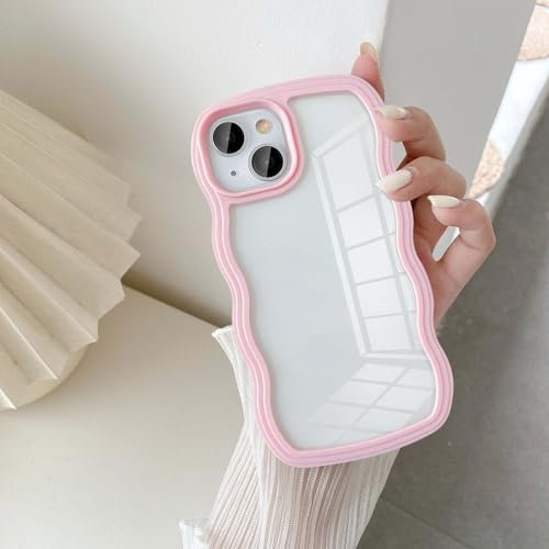 UEEBAI Case for iPhone 13 iPhone 14 Case 6.1 inch, Cute Clear Wave Wavy Frame Slim Fit Shockproof protective Phone Bumper Cover Translucent Soft Pretty Simple TPU Case for girls women - Pink
