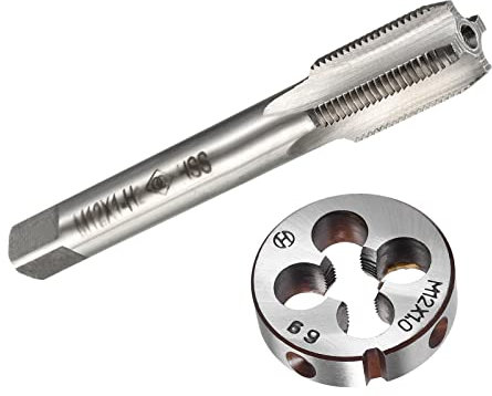 QUARKZMAN Métrique Machine Taraud et Rond filière Ensemble M12 x 1mm H2 Haute Vitesse Acier Alliage Acier Non Revêtu 4 Droit Rainures Filetage Taraud filière Bricolage Outil