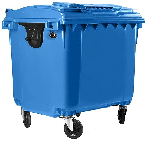 Hardwex Müllcontainer mit 4 Rädern mit Flachdeckel, Deckel im Deckel, Müllgroßbehälter, Abfalltonne, Mülltonne, Volumen: 1 100 Liter, Blau, Größe: 1 344 x 1 370 x 1 070 mm