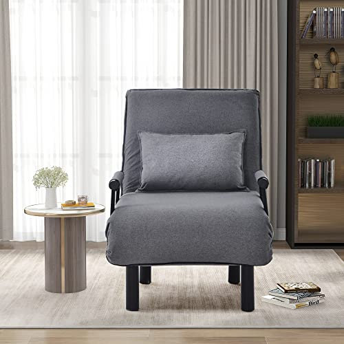 Umwandelbarer Schlafsofa-Schlafsessel, verstellbare Rückenlehne mit 6 Positionen, klappbarer Sessel mit Kissen, gepolsterter Sitz, Freizeit-Chaiselounge-Couch für Zuhause, Büro,Grey