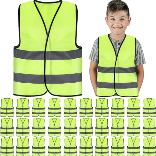 Zhanmai 30 Pcs Kids Safety Vest Bulk High Visibility Reflective Construction Vest with Strips Neon for Traffic Child Outdoor (Yellow)