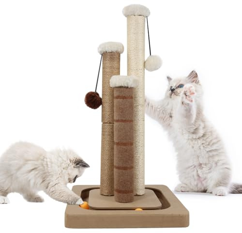 AUSCAT Griffoir pour Chat avec 3 poteaux à griffer, Griffoir Vertical en sisal avec balles suspendues et balles sur Rail, Griffoir pour Chats et Chatons d'Intérieur