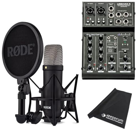 Rode NT1 Signature Black - Micrófono condensador + mesa de mezclas tipo USBMix4 + paño de microfibra keepdrum