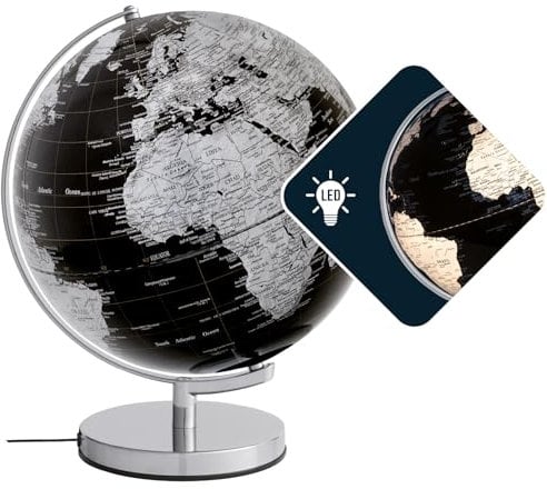Globus mit 30 cm Durchmesser – STELLAR LIGHT – integrierte Beleuchtung – verchromter Metallfuß – bewegliche Achse – schwarz, silberfarben – TROIKA Original