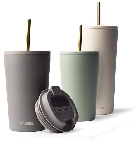 MAMEIDO Thermobecher mit Strohhalm 700ml, Trinkbecher mit Deckel und Strohhalm aus Edelstahl doppelwandig isoliert, auslaufsicher, Coffee to go Becher (Taupe Grey, 0,7l)