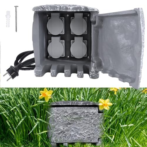 YRHome Steinoptik Gartensteckdose mit 4 Steckplätzen & Erdspieß Außensteckdose Mehrfachsteckdosen Steinsteckdose mit 3 m Kabel Universalstecker Garten-Steckdose Aussen IP44 Wasserdicht Grau