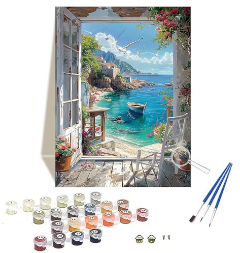 wonloong Paint by Numbers for Adults,Sea View Painting by Number Kits On Canvas,DIY Craft Art Painting Kit Acrylic Pigment Drawing Paintwork for Gift Home Wall Decor 12x16inch/30x40cm