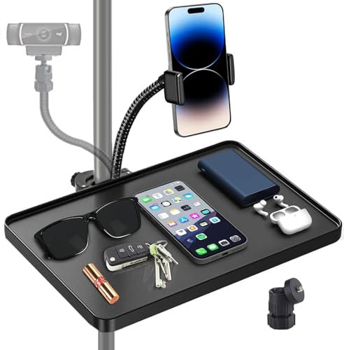 Tentucro Microphone Stand Tray with Phone Webcam Camera Holder, Clamp-On Music Stand Accessories Shelf Tripod Sound Card Rack Tray Holder for Stage, Broadcast, Live Streaming, Recording