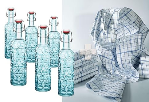 LGC Bundle | 6x Bormioli Rocco Oriente Flasche in blau, mit Bügelverschluss, 1Liter + 1 Trockentuch aus Microfilament gratis dazu