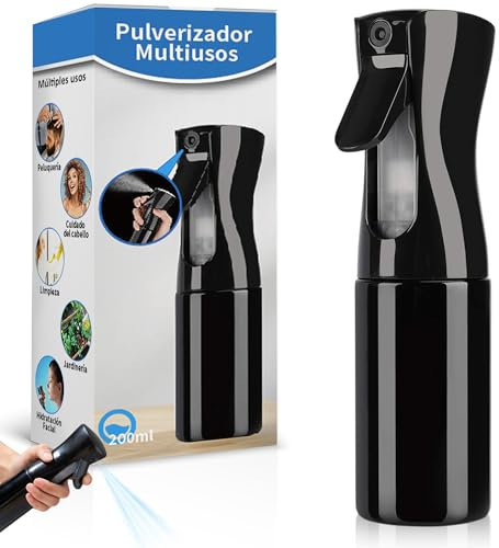 Bote Spray Pulverizador (NEGRO), Pulverizador de Agua Niebla Fina de 200 ml, Pulverizador agua peluquería, Pulverizador Continuo, Spray para el Pelo, para Mascota, Cuidado de Plantas, para Limpieza