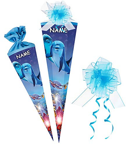 alles-meine.de GmbH Schultüte - mit 3D Glitzer - Effekt ! - Delfin - Fische Unterwasser - 22-85 cm - Größe wählbar - rund - incl. Name und Schleife - Tüllabschluß - Zuckertüte ..